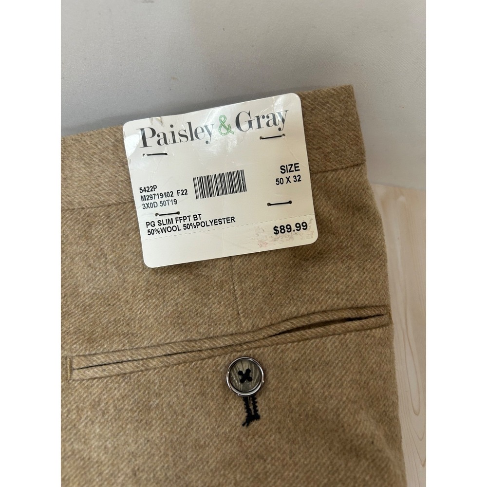 Paisley & Gray Beige Flat Front Wool Poly Blend Solid Dress Pants Size 50/32 Big - Picture 13 of 13